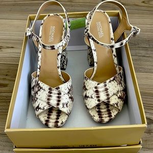 Creme & brown snake print leather 4 1/2 inch heeled sandal